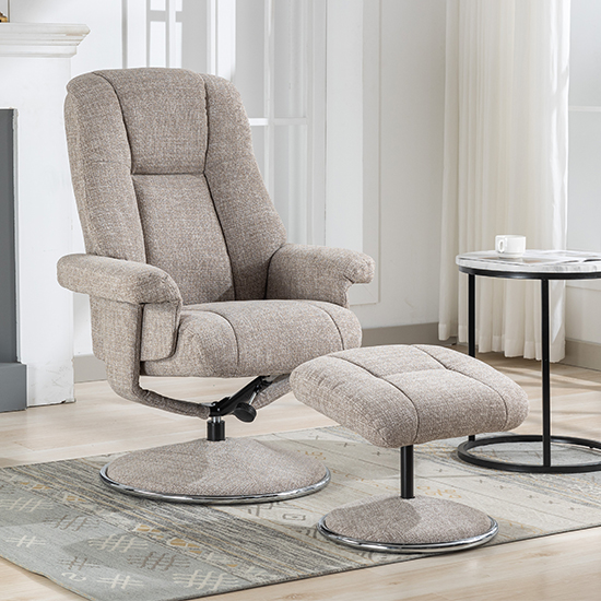 Read more about Dollis fabric swivel recliner chair and stool in chacha oat