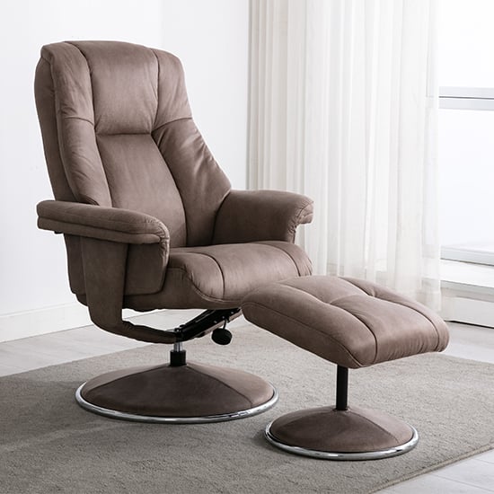 Product photograph of Dollis Fabric Swivel Recliner Chair And Stool In Pecan from Furniture in Fashion