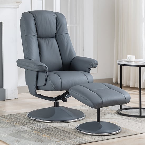 Product photograph of Dollis Leather Match Swivel Recliner Chair And Stool In Blue from Furniture in Fashion