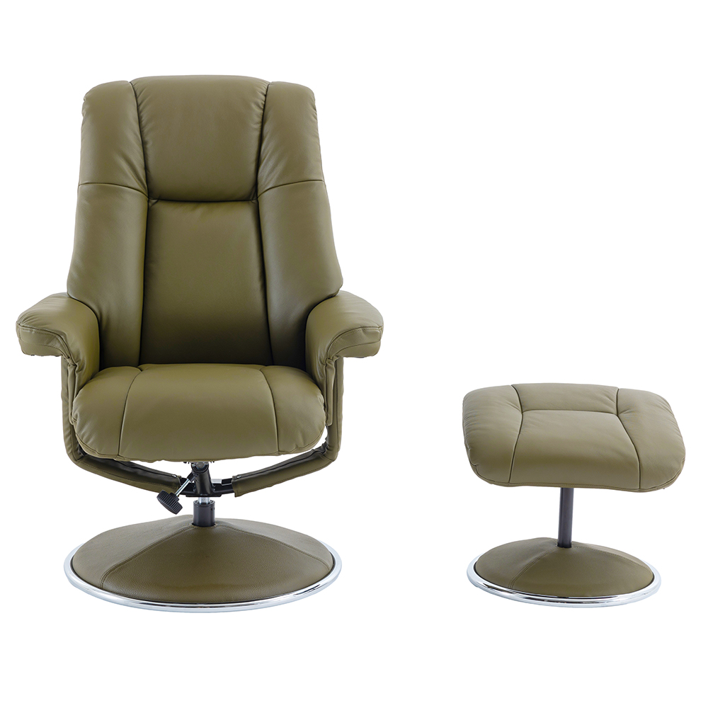 Dollis Leather Recliner Chair With Stool In Olive Green