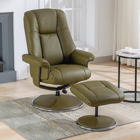 Dollis Leather Match Swivel Recliner Chair And Stool In Green