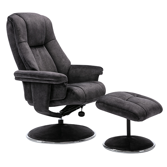 Photo of Dollis fabric swivel recliner chair and footstool in liquorice