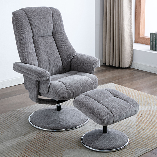 Dollis Fabric Swivel Recliner Chair And Footstool In Pewter FiF