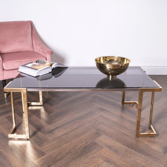 Product photograph of Domus Smoked Glass Coffee Table With Gold Metal Frame from Furniture in Fashion
