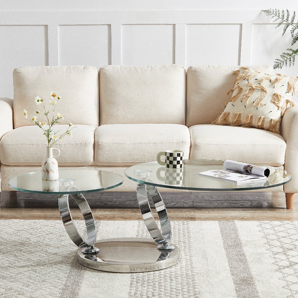 Read more about Donatella magic ring swivel glass coffee table with steel base