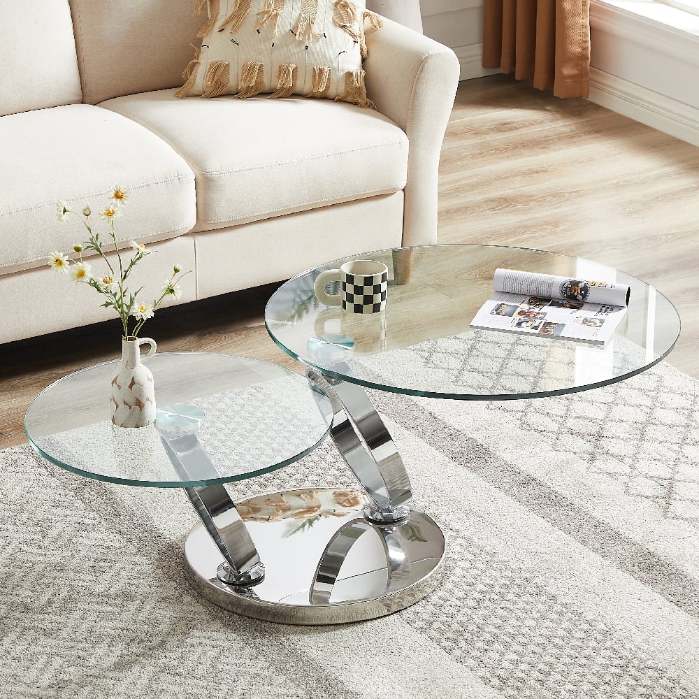 Read more about Donatella magic ring swivel glass coffee table with steel base