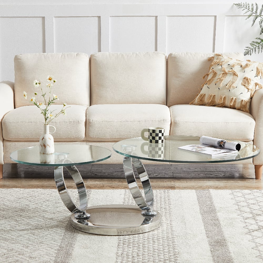 Donatella Magic Ring Swivel Clear Glass Coffee Table With Steel Base