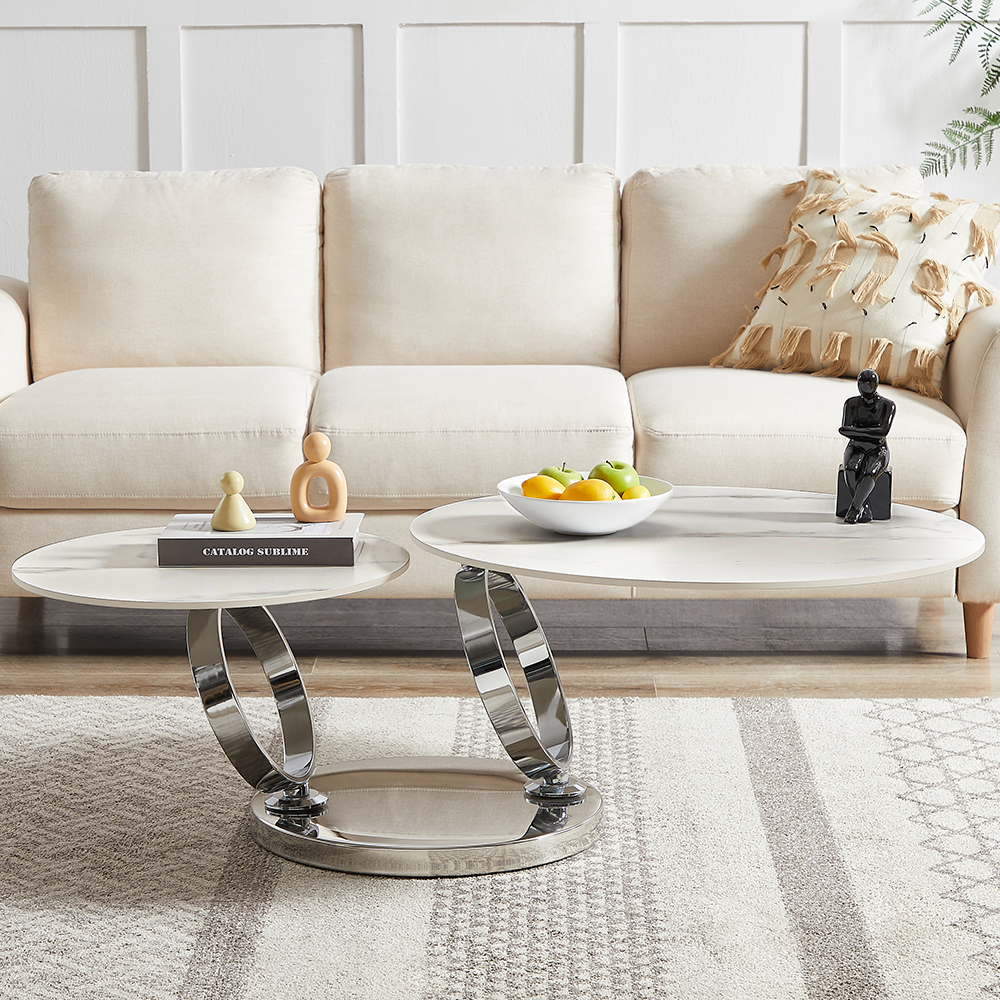 Donatella Magic Ring Swivel White Ceramic Coffee Table With Steel Base