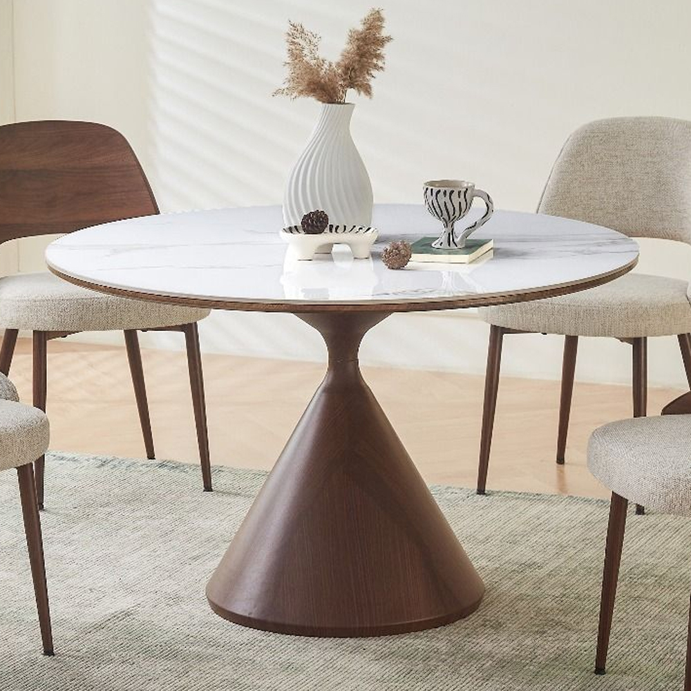 Dorelia White Sintered Stone Top Dining Table with Walnut Base