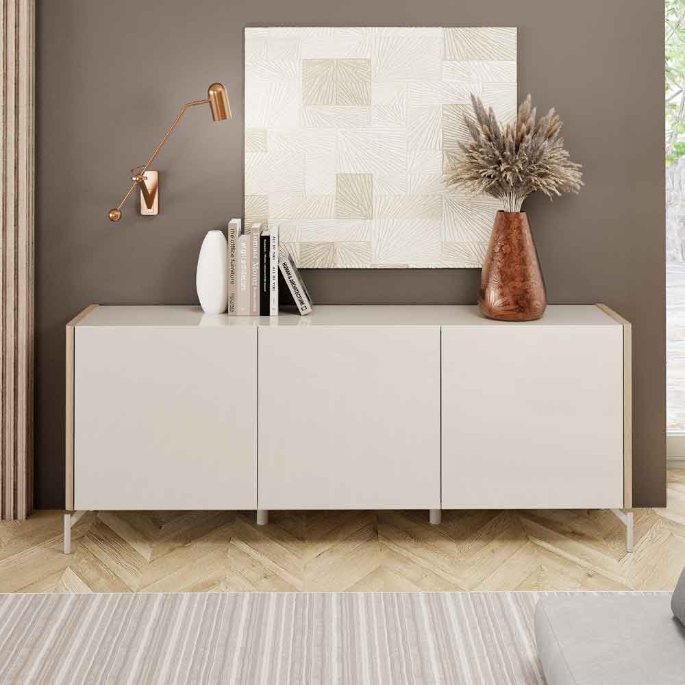 Dorian High Gloss Sideboard with 3 Doors in Tortora Lacquered and Light Oak