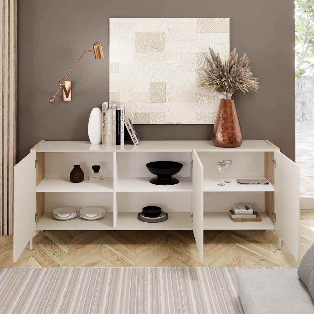 Dorian High Gloss Sideboard with 3 Doors in Tortora Lacquered and Light Oak