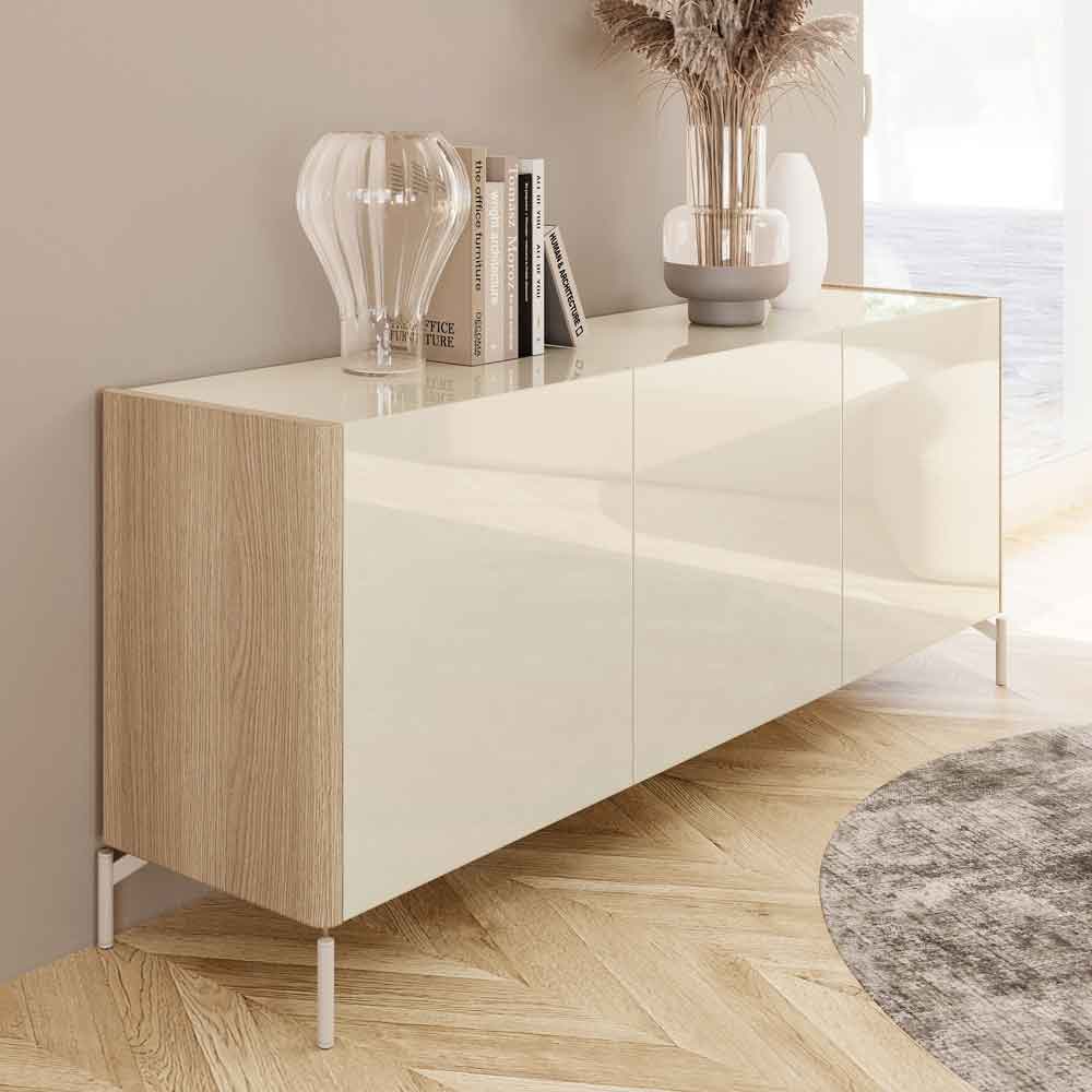 Dorian High Gloss Sideboard with 3 Doors in Tortora Lacquered and Light Oak