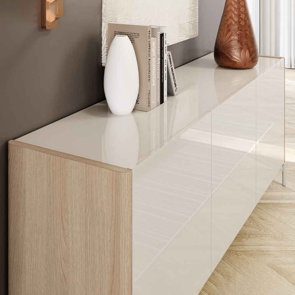 Dorian High Gloss Sideboard with 3 Doors in Tortora Lacquered and Light Oak