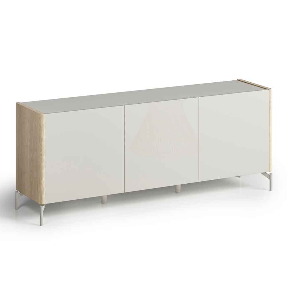 Dorian High Gloss Sideboard with 3 Doors in Tortora Lacquered and Light Oak