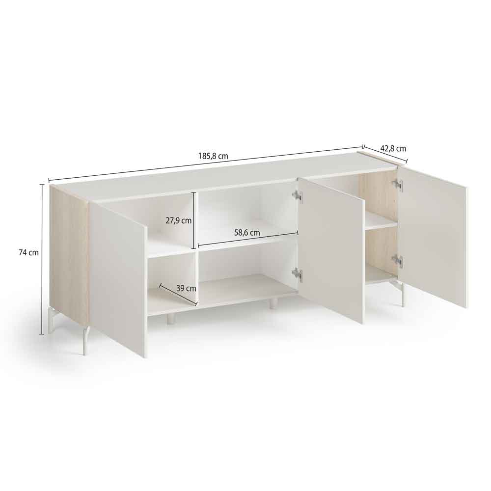 Dorian High Gloss Sideboard with 3 Doors in Tortora Lacquered and Light Oak