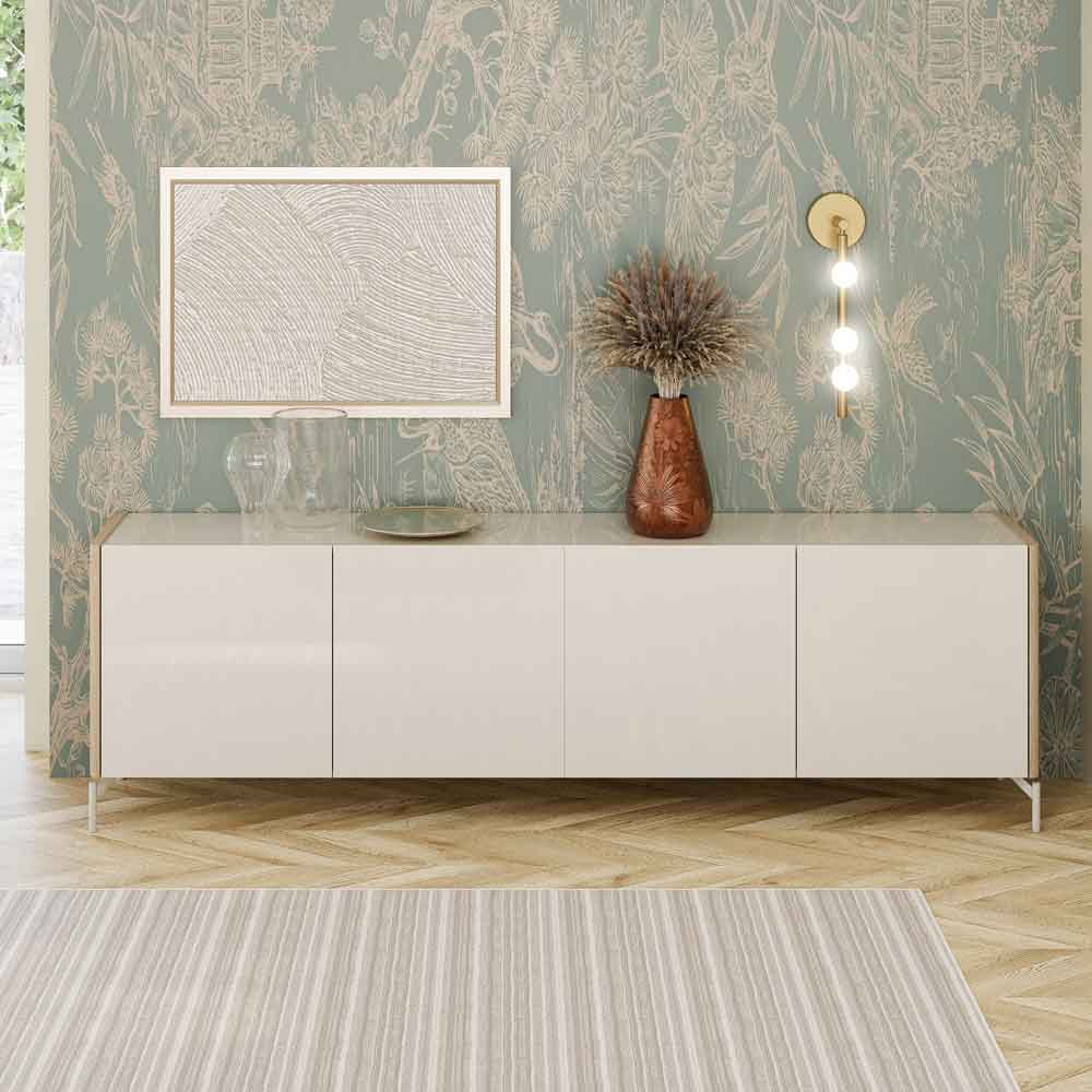 Dorian High Gloss Sideboard with 4 Doors in Tortora Lacquered and Light Oak