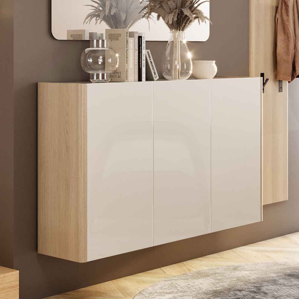 Dorian High Gloss Wall Mounted Shoe Storage Cabinet in Tortora Lacquered and Light Oak
