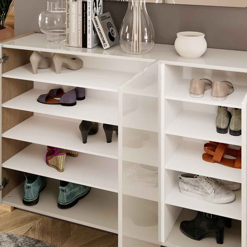 Dorian High Gloss Wall Mounted Shoe Storage Cabinet in Tortora Lacquered and Light Oak