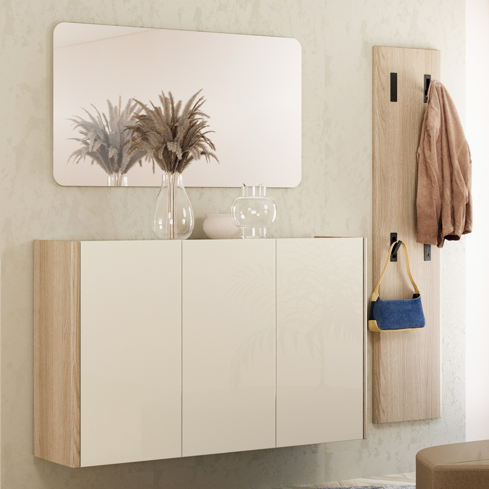 Dorian High Gloss Hallway Furniture Set in Light Oak and Cashmere