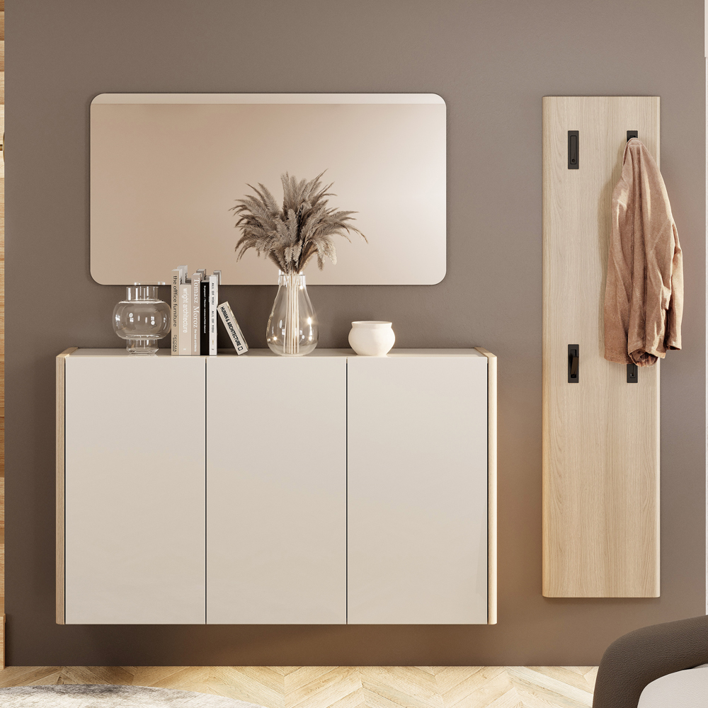 Dorian High Gloss Hallway Furniture Set in Light Oak and Cashmere