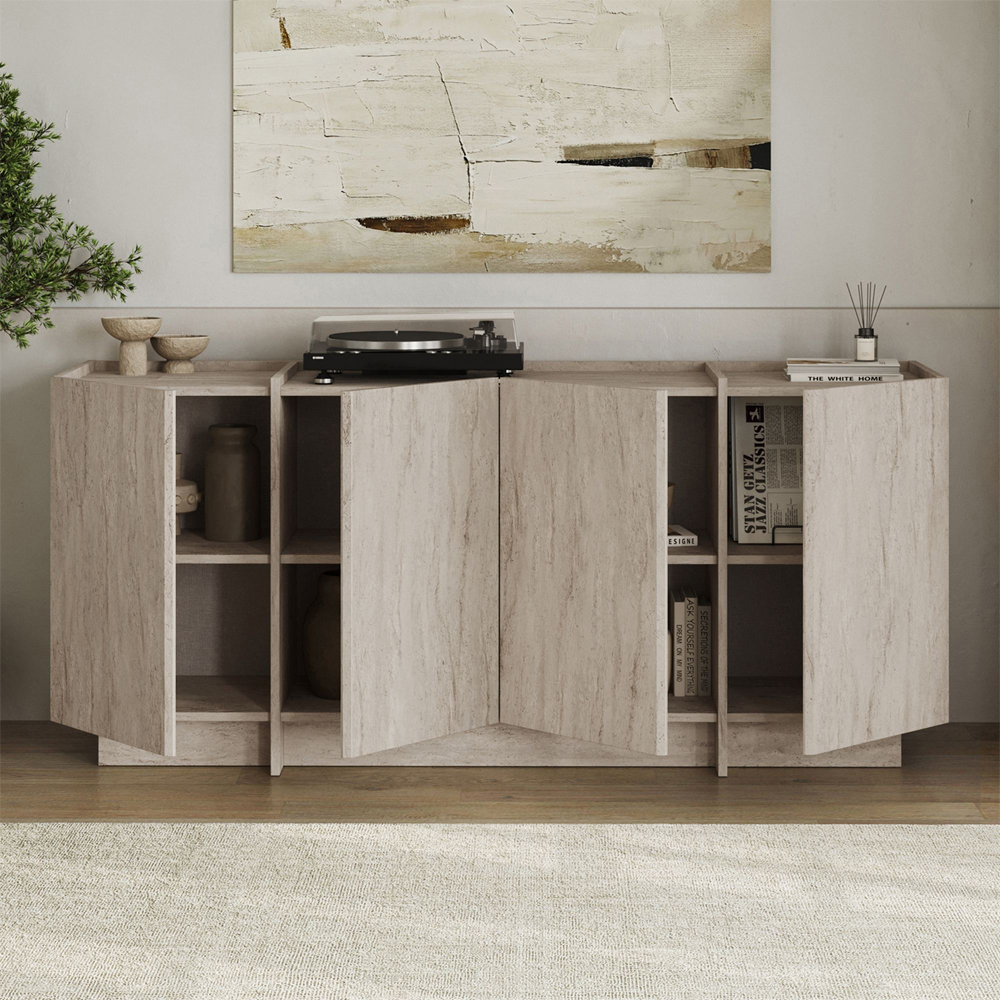 Dormin Wooden Sideboard with 4 Doors in Travertine Marble Effect