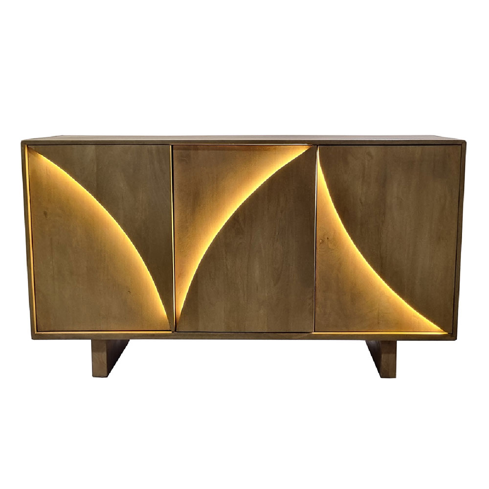Dorvian Mango Wood Sideboard with 3 Doors in Natural and LED