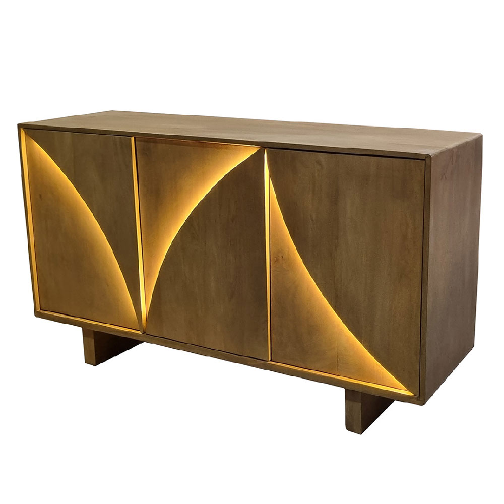 Dorvian Mango Wood Sideboard with 3 Doors in Natural and LED