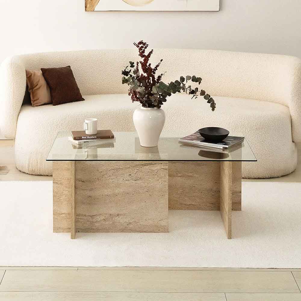 Dorvian Small Tempered Glass Coffee Table with Travertine Marble Effect Base
