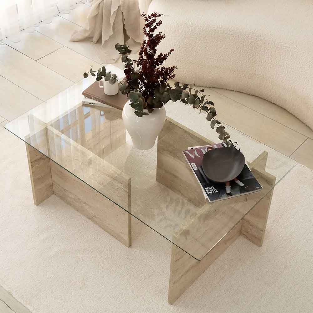 Dorvian Small Tempered Glass Coffee Table with Travertine Marble Effect Base