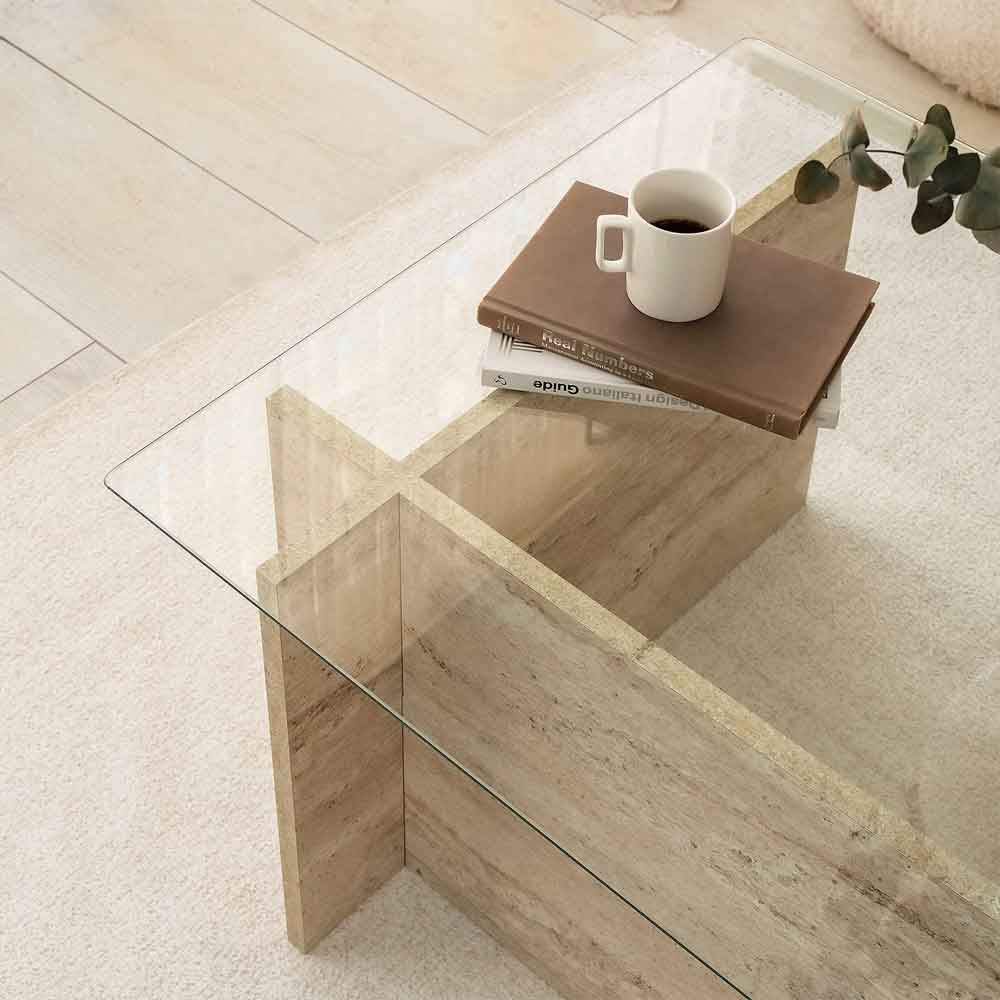 Dorvian Small Tempered Glass Coffee Table with Travertine Marble Effect Base