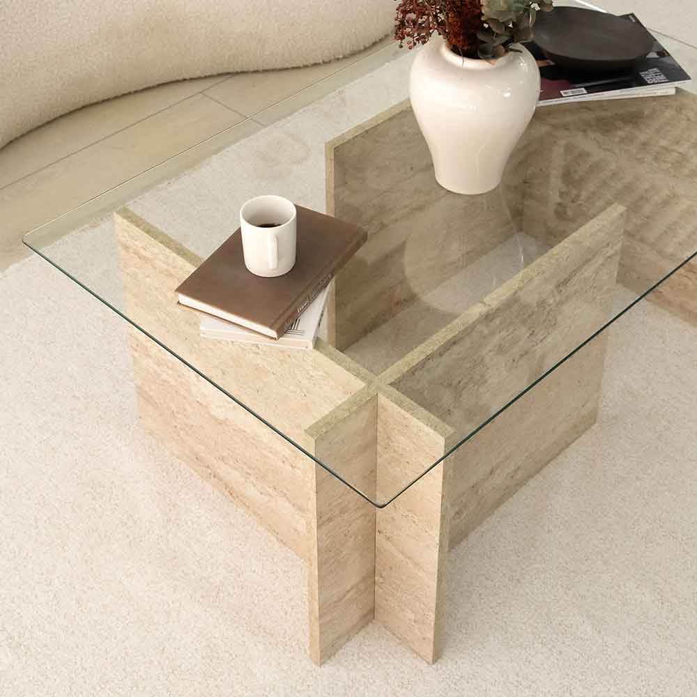 Dorvian Small Tempered Glass Coffee Table with Travertine Marble Effect Base