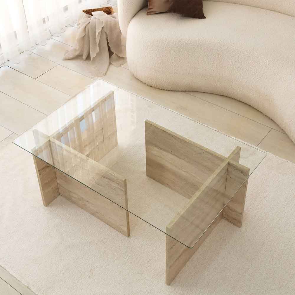 Dorvian Small Tempered Glass Coffee Table with Travertine Marble Effect Base