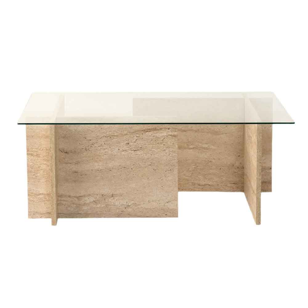 Dorvian Small Tempered Glass Coffee Table with Travertine Marble Effect Base