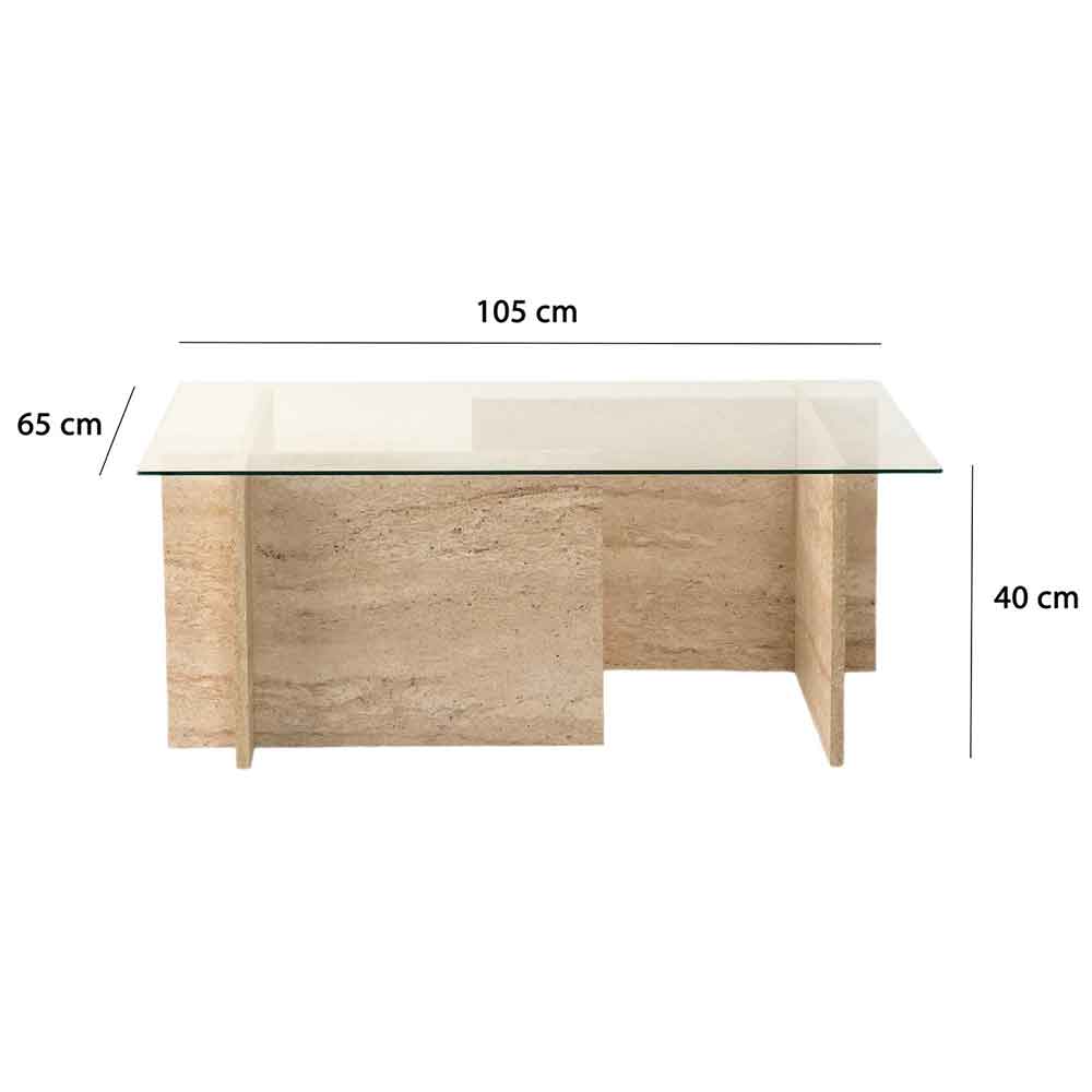 Dorvian Small Tempered Glass Coffee Table with Travertine Marble Effect Base