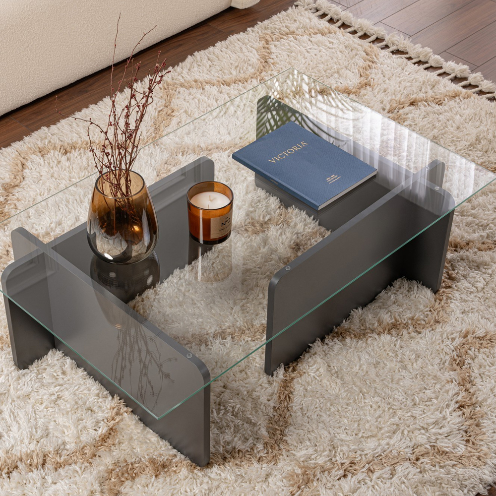 Dorvian Tempered Glass Coffee Table with Anthracite Wooden Base