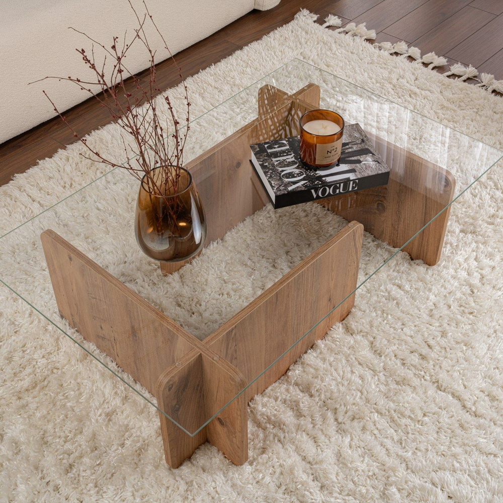 Dorvian Tempered Glass Coffee Table with Atlantic Pine Wooden Base