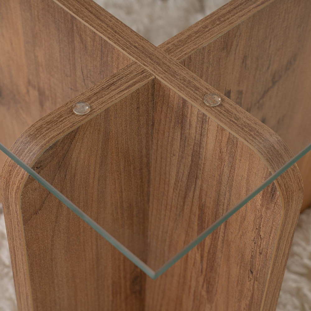 Dorvian Tempered Glass Coffee Table with Atlantic Pine Wooden Base