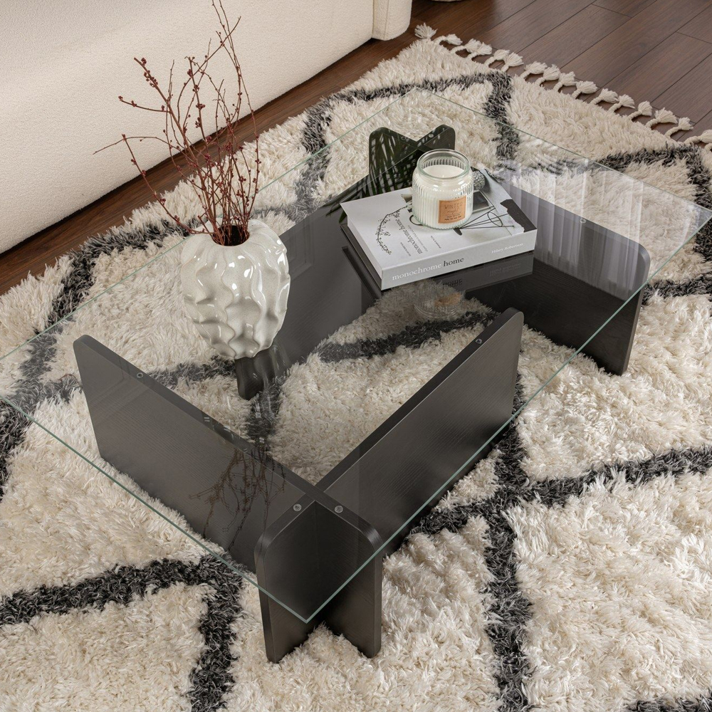 Dorvian Tempered Glass Coffee Table with Black Wooden Base