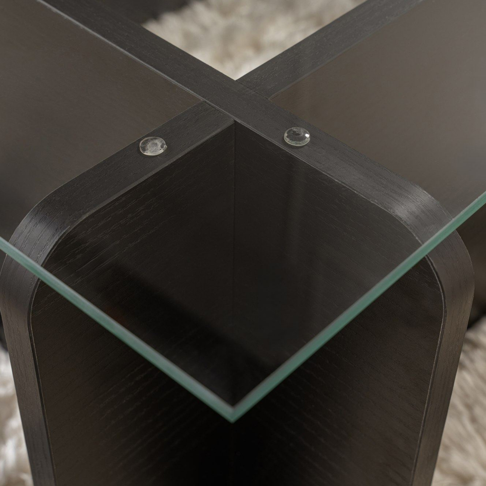 Dorvian Tempered Glass Coffee Table with Black Wooden Base