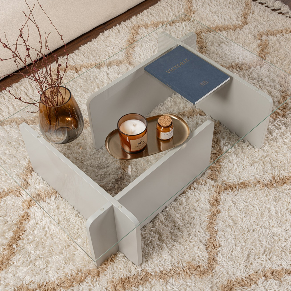 Dorvian Tempered Glass Coffee Table with Grey Wooden Base