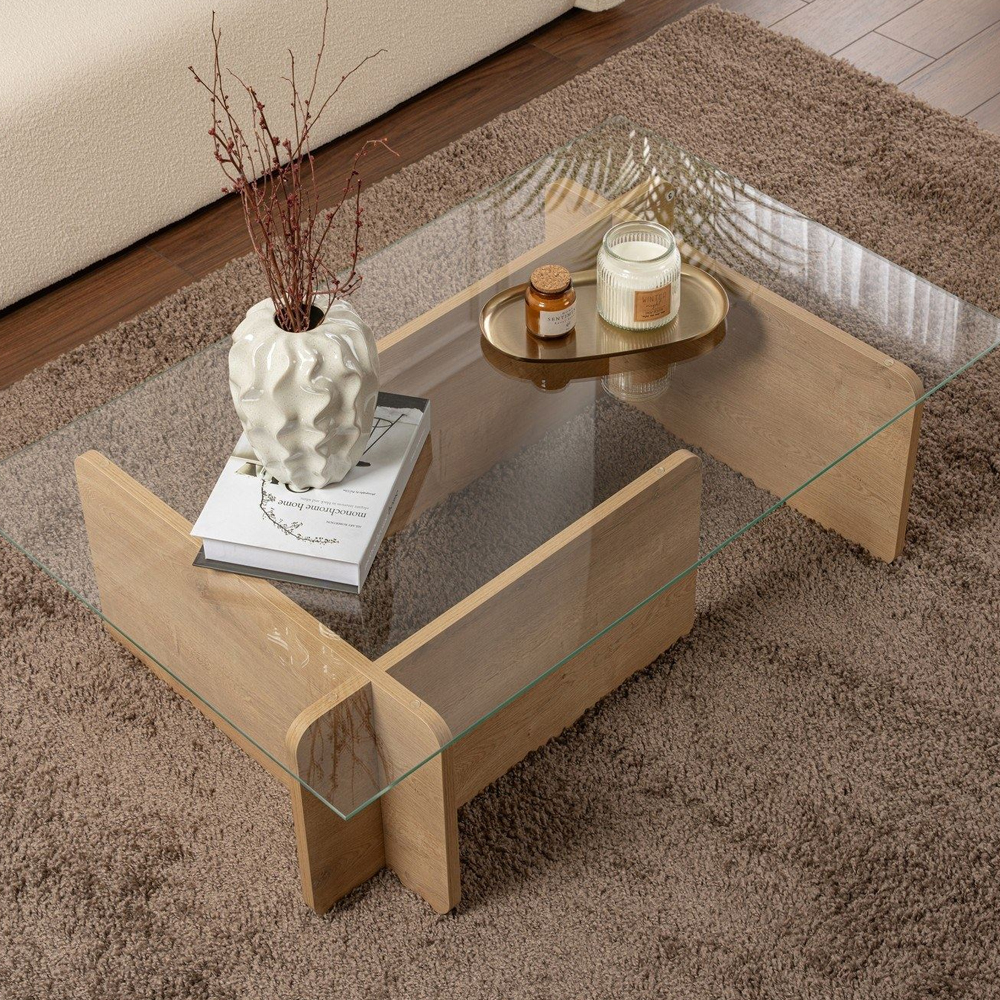 Dorvian Tempered Glass Coffee Table with Honey Oak Wooden Base