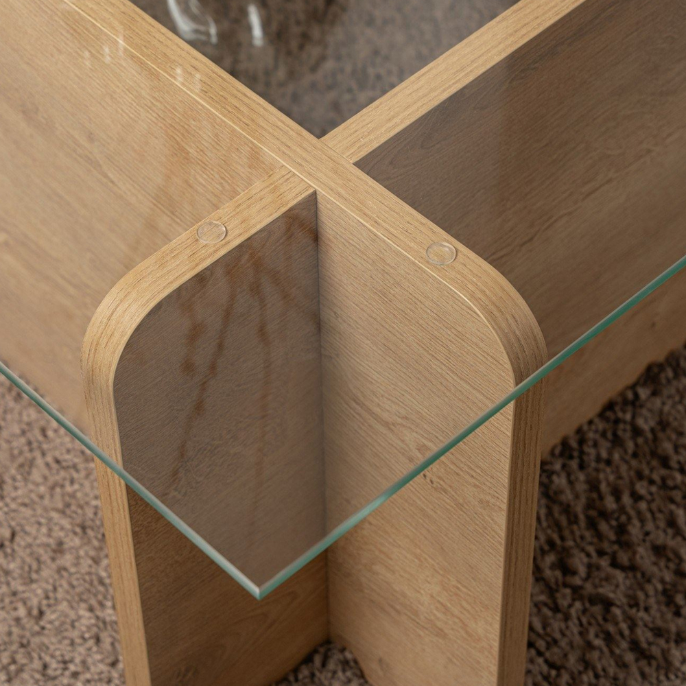 Dorvian Tempered Glass Coffee Table with Honey Oak Wooden Base
