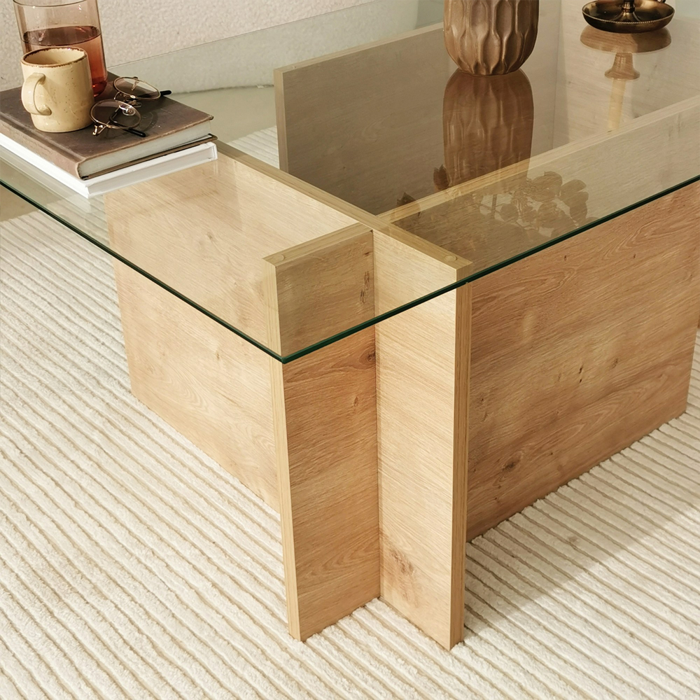 Dorvian Tempered Glass Coffee Table with Sapphire Oak Wooden Base