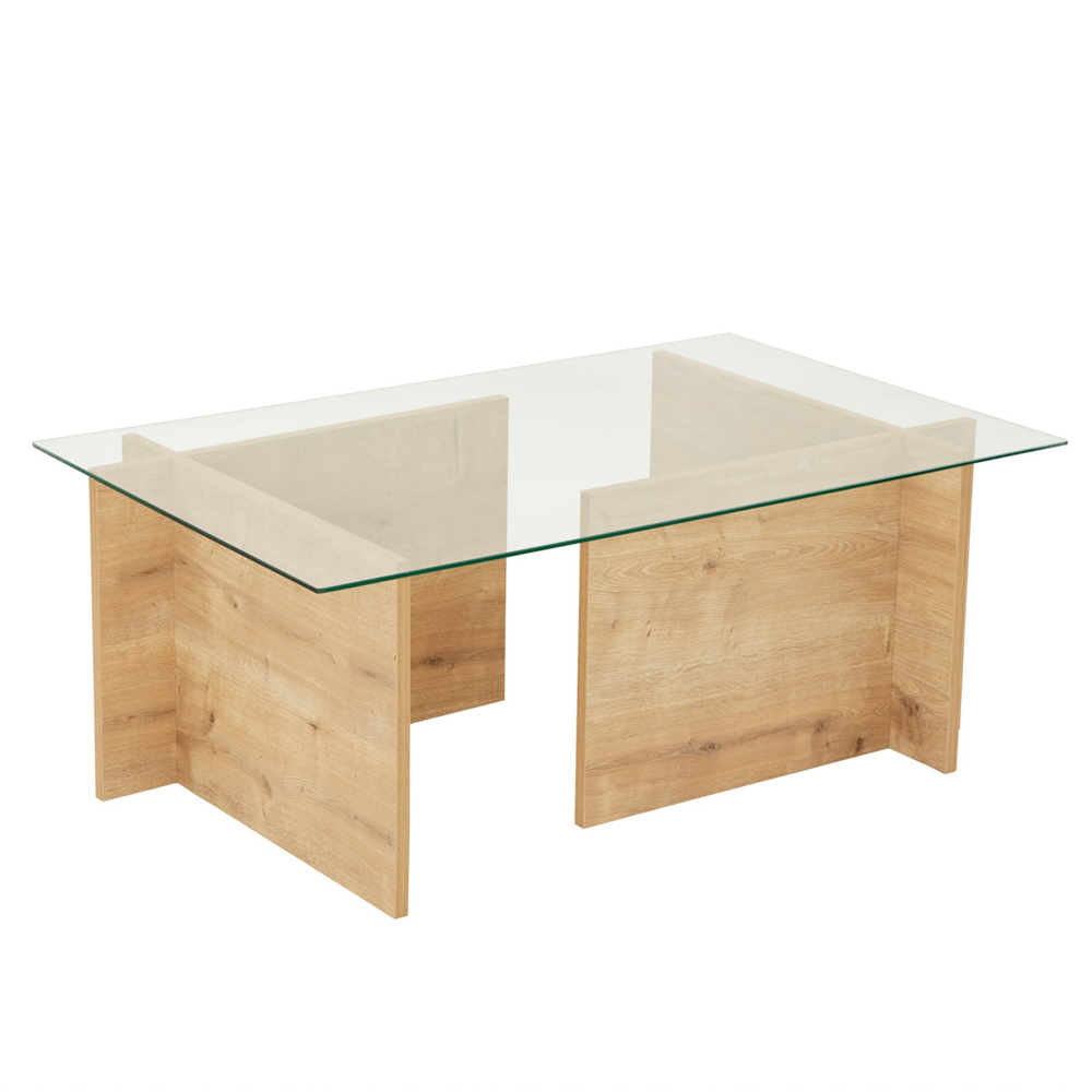 Dorvian Tempered Glass Coffee Table with Sapphire Oak Wooden Base