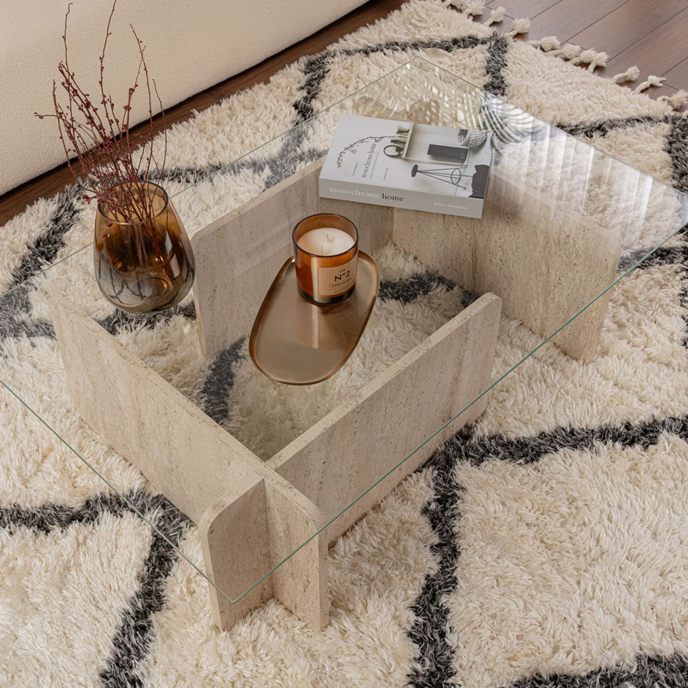 Dorvian Large Tempered Glass Coffee Table with Travertine Marble Effect Base