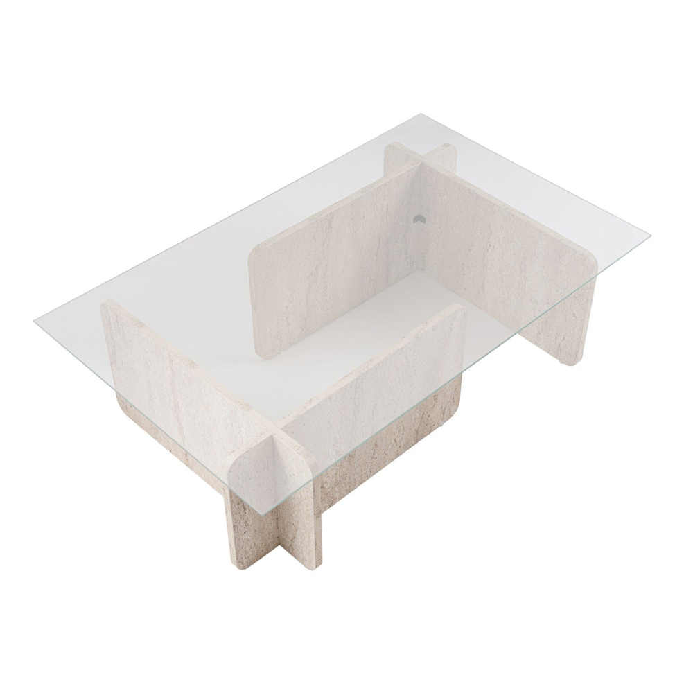 Dorvian Large Tempered Glass Coffee Table with Travertine Marble Effect Base