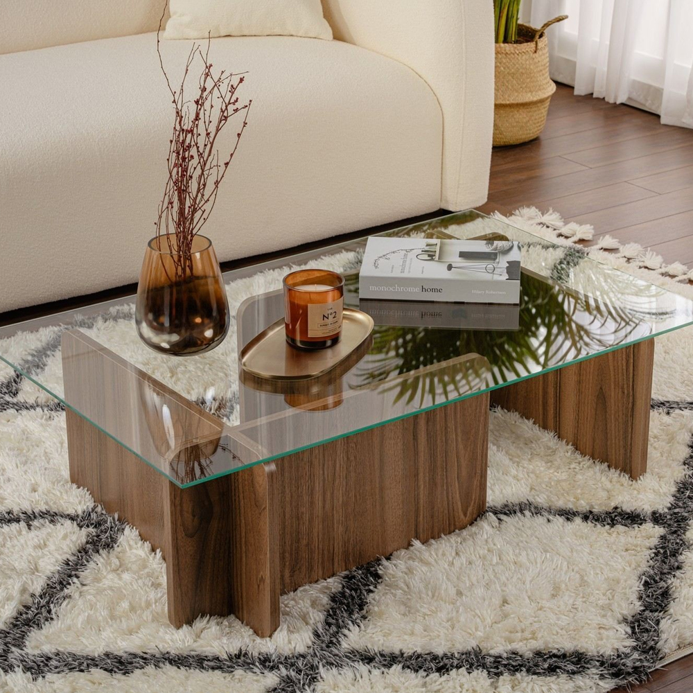 Dorvian Tempered Glass Coffee Table with Walnut Wooden Base
