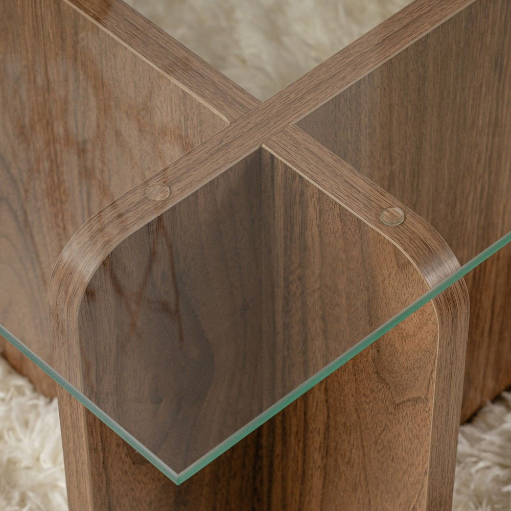 Dorvian Tempered Glass Coffee Table with Walnut Wooden Base