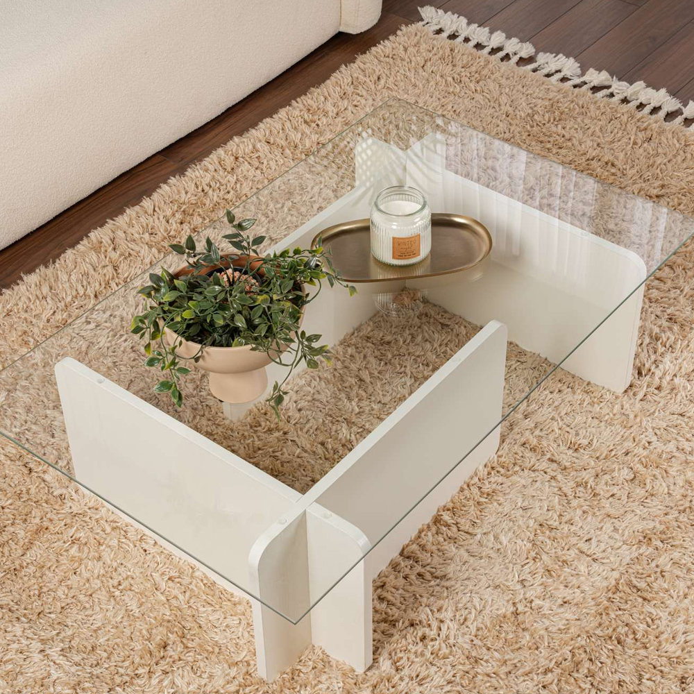 Dorvian Tempered Glass Coffee Table with White Wooden Base