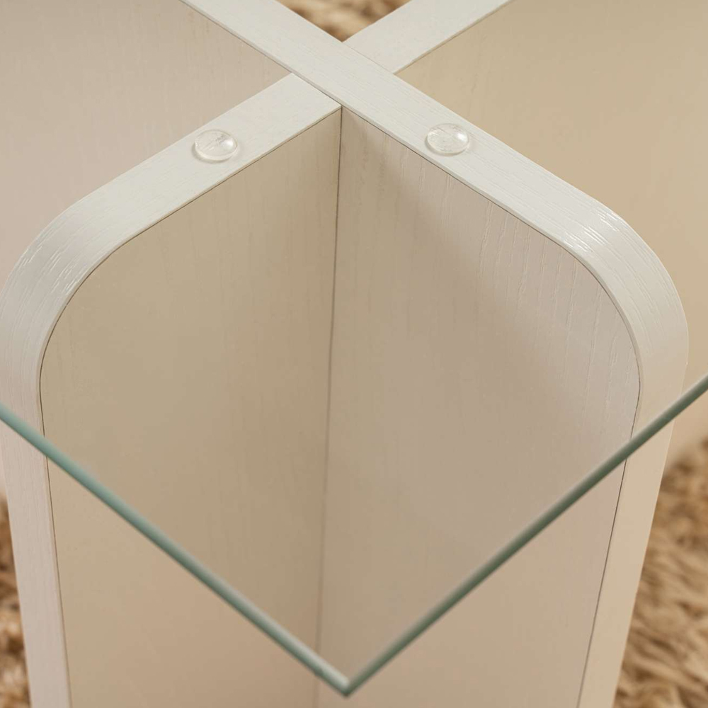 Dorvian Tempered Glass Coffee Table with White Wooden Base